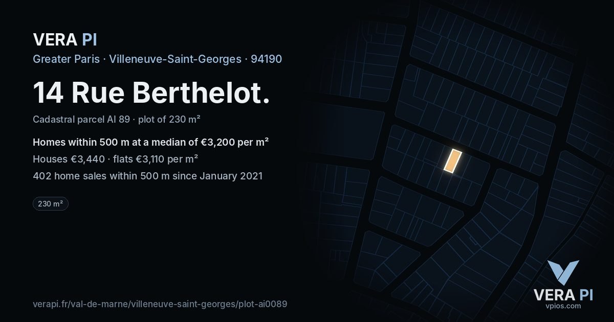 14 Rue Berthelot, Villeneuve-Saint-Georges at night – the plot lit, the parcels around coloured by the prices near them
