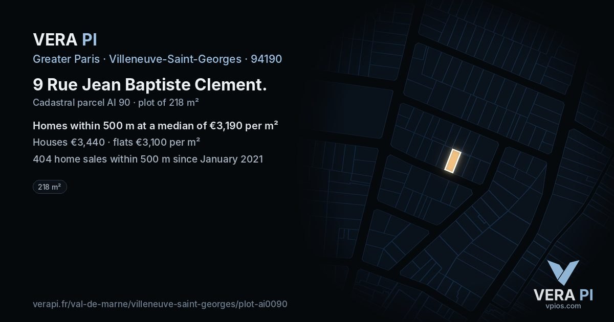 9 Rue Jean Baptiste Clement, Villeneuve-Saint-Georges at night – the plot lit, the parcels around coloured by the prices near them