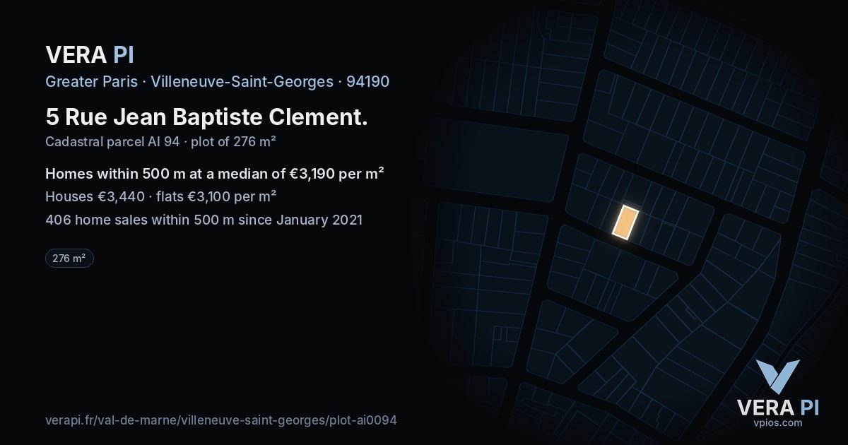 5 Rue Jean Baptiste Clement, Villeneuve-Saint-Georges at night – the plot lit, the parcels around coloured by the prices near them