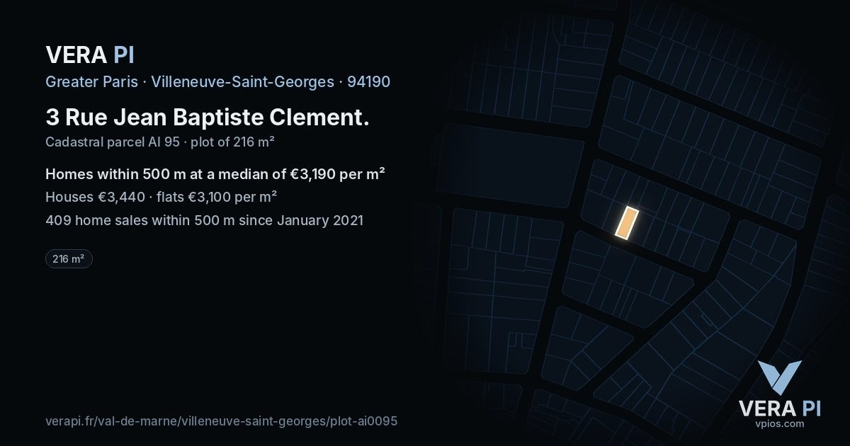 3 Rue Jean Baptiste Clement, Villeneuve-Saint-Georges at night – the plot lit, the parcels around coloured by the prices near them
