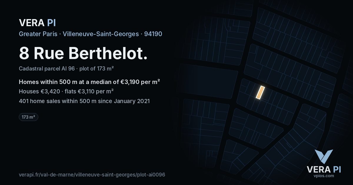 8 Rue Berthelot, Villeneuve-Saint-Georges at night – the plot lit, the parcels around coloured by the prices near them