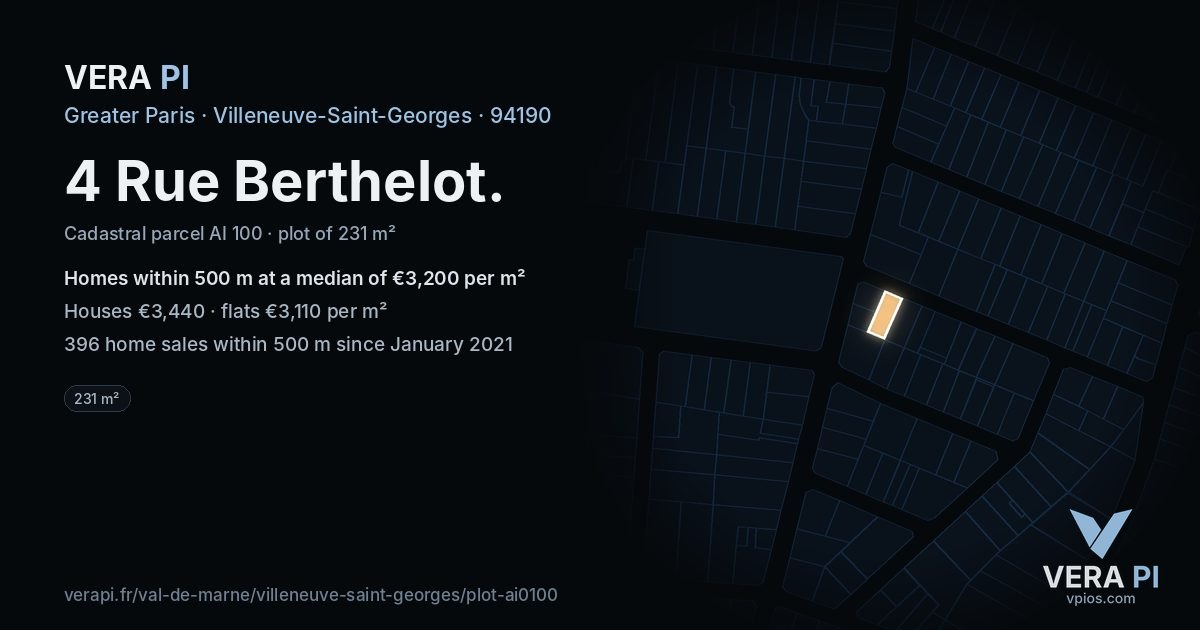 4 Rue Berthelot, Villeneuve-Saint-Georges at night – the plot lit, the parcels around coloured by the prices near them