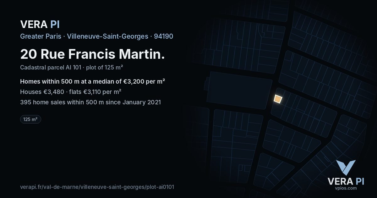 20 Rue Francis Martin, Villeneuve-Saint-Georges at night – the plot lit, the parcels around coloured by the prices near them