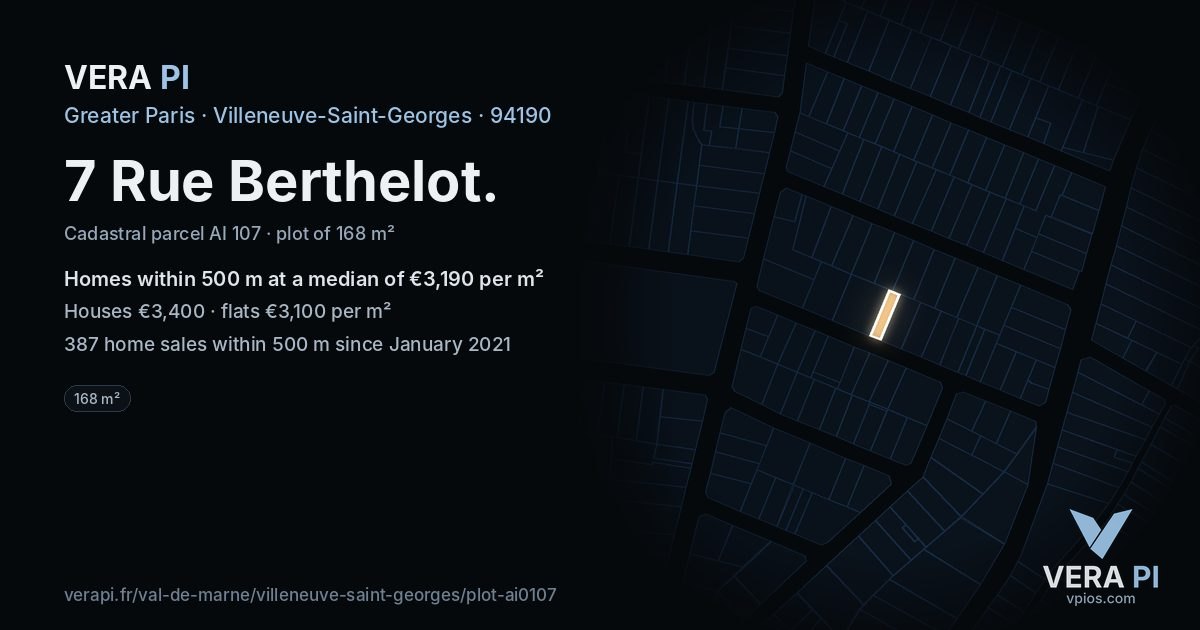 7 Rue Berthelot, Villeneuve-Saint-Georges at night – the plot lit, the parcels around coloured by the prices near them