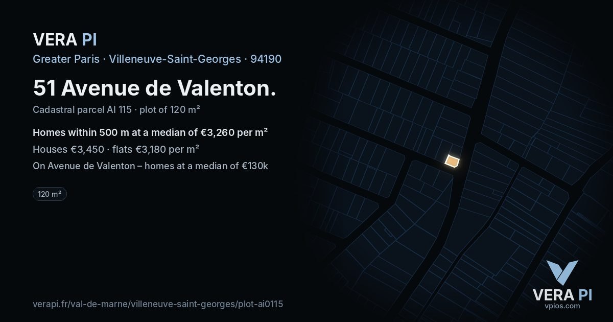 51 Avenue de Valenton, Villeneuve-Saint-Georges at night – the plot lit, the parcels around coloured by the prices near them