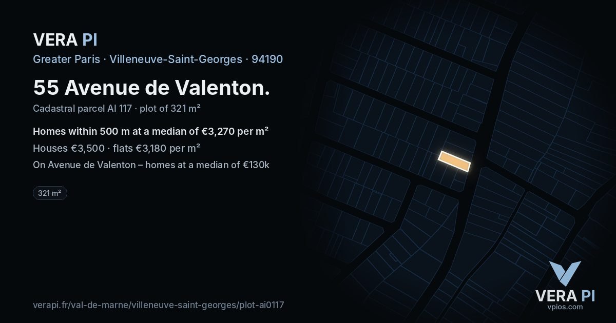 55 Avenue de Valenton, Villeneuve-Saint-Georges at night – the plot lit, the parcels around coloured by the prices near them