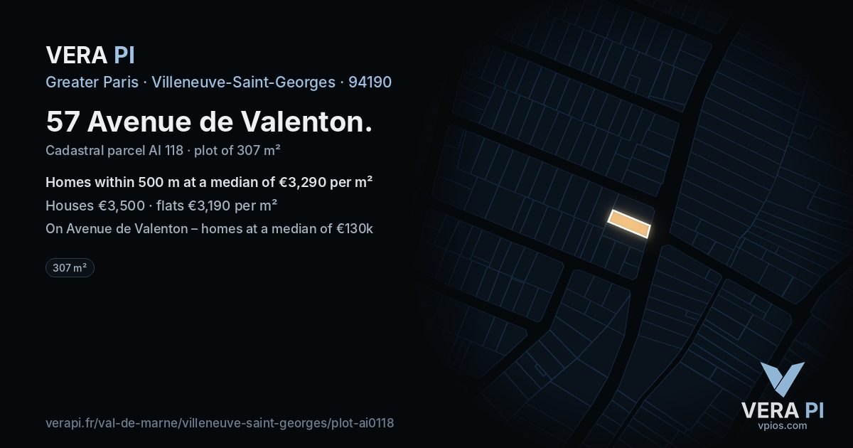 57 Avenue de Valenton, Villeneuve-Saint-Georges at night – the plot lit, the parcels around coloured by the prices near them
