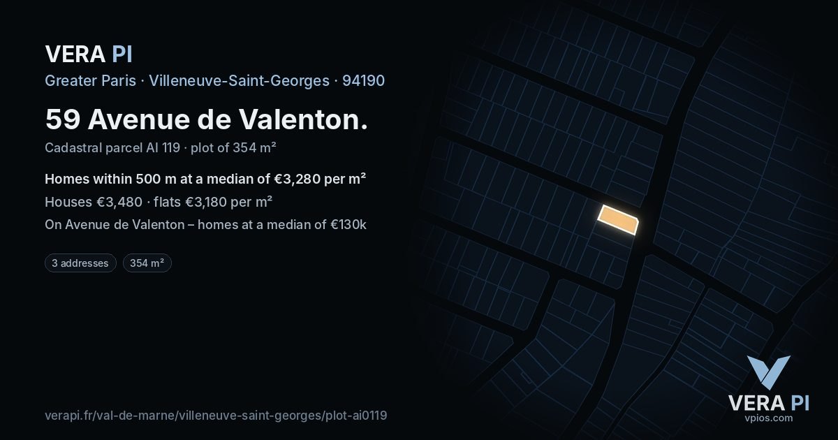 59 Avenue de Valenton, Villeneuve-Saint-Georges at night – the plot lit, the parcels around coloured by the prices near them