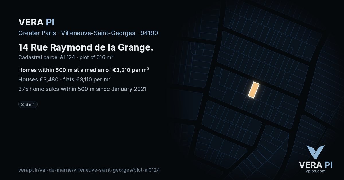 14 Rue Raymond de la Grange, Villeneuve-Saint-Georges at night – the plot lit, the parcels around coloured by the prices near them