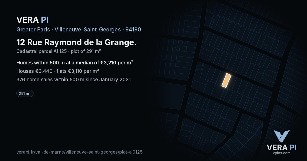 12 Rue Raymond de la Grange, Villeneuve-Saint-Georges at night – the plot lit, the parcels around coloured by the prices near them