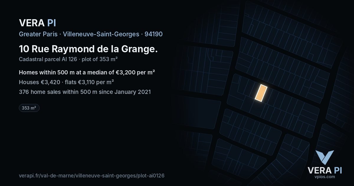 10 Rue Raymond de la Grange, Villeneuve-Saint-Georges at night – the plot lit, the parcels around coloured by the prices near them