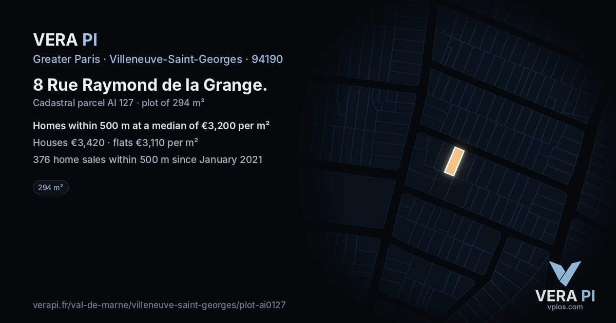 8 Rue Raymond de la Grange, Villeneuve-Saint-Georges at night – the plot lit, the parcels around coloured by the prices near them