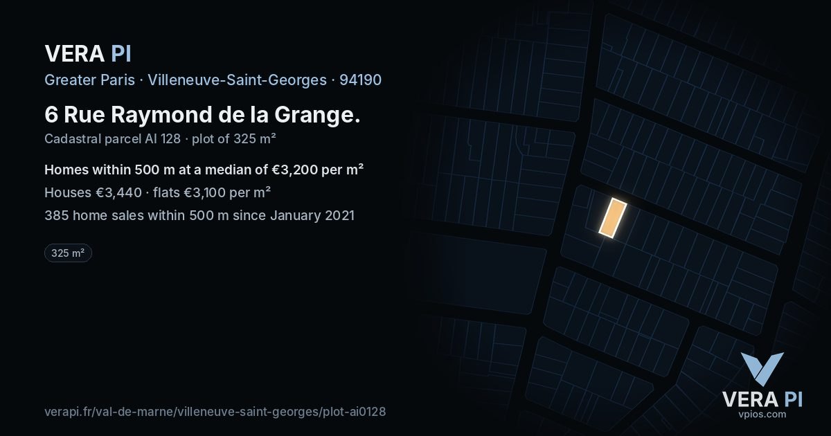 6 Rue Raymond de la Grange, Villeneuve-Saint-Georges at night – the plot lit, the parcels around coloured by the prices near them