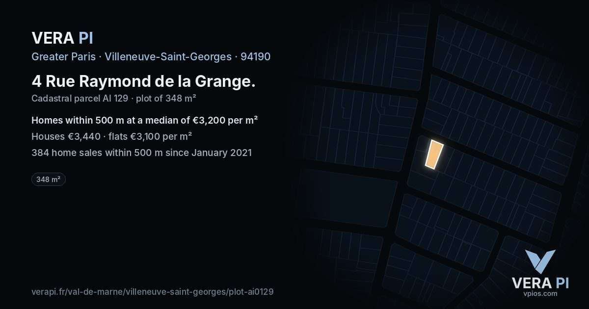 4 Rue Raymond de la Grange, Villeneuve-Saint-Georges at night – the plot lit, the parcels around coloured by the prices near them