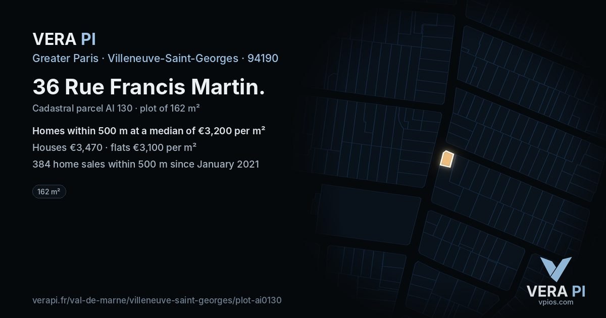 36 Rue Francis Martin, Villeneuve-Saint-Georges at night – the plot lit, the parcels around coloured by the prices near them
