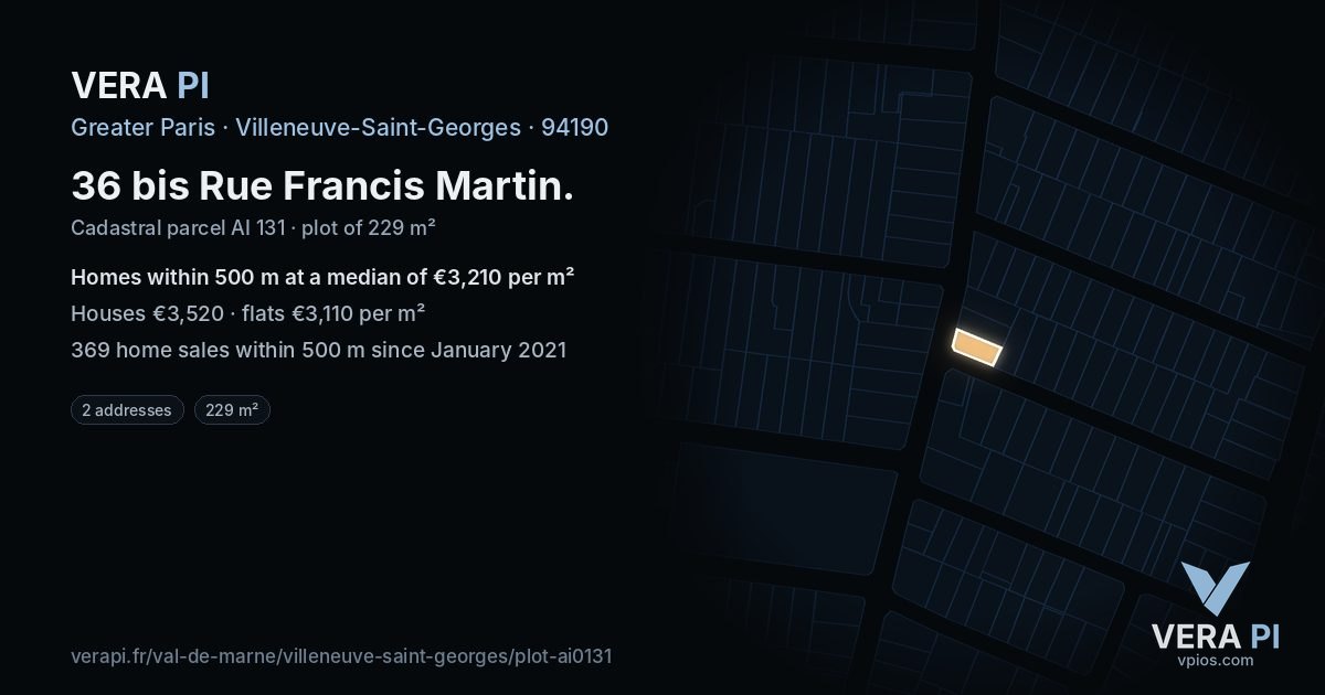 36 bis Rue Francis Martin, Villeneuve-Saint-Georges at night – the plot lit, the parcels around coloured by the prices near them
