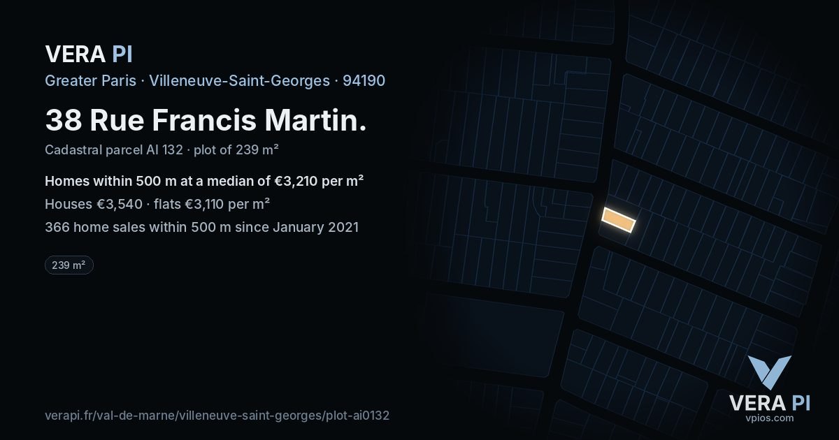 38 Rue Francis Martin, Villeneuve-Saint-Georges at night – the plot lit, the parcels around coloured by the prices near them