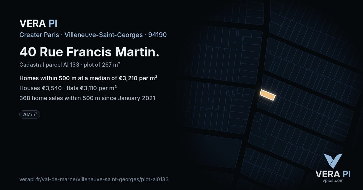40 Rue Francis Martin, Villeneuve-Saint-Georges at night – the plot lit, the parcels around coloured by the prices near them