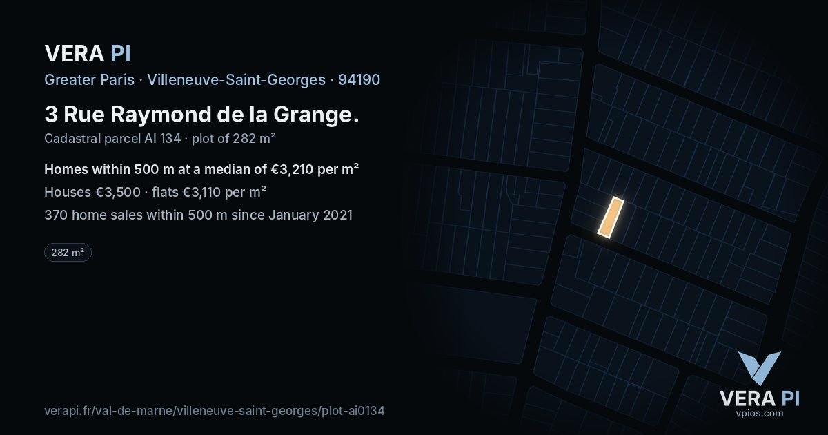 3 Rue Raymond de la Grange, Villeneuve-Saint-Georges at night – the plot lit, the parcels around coloured by the prices near them