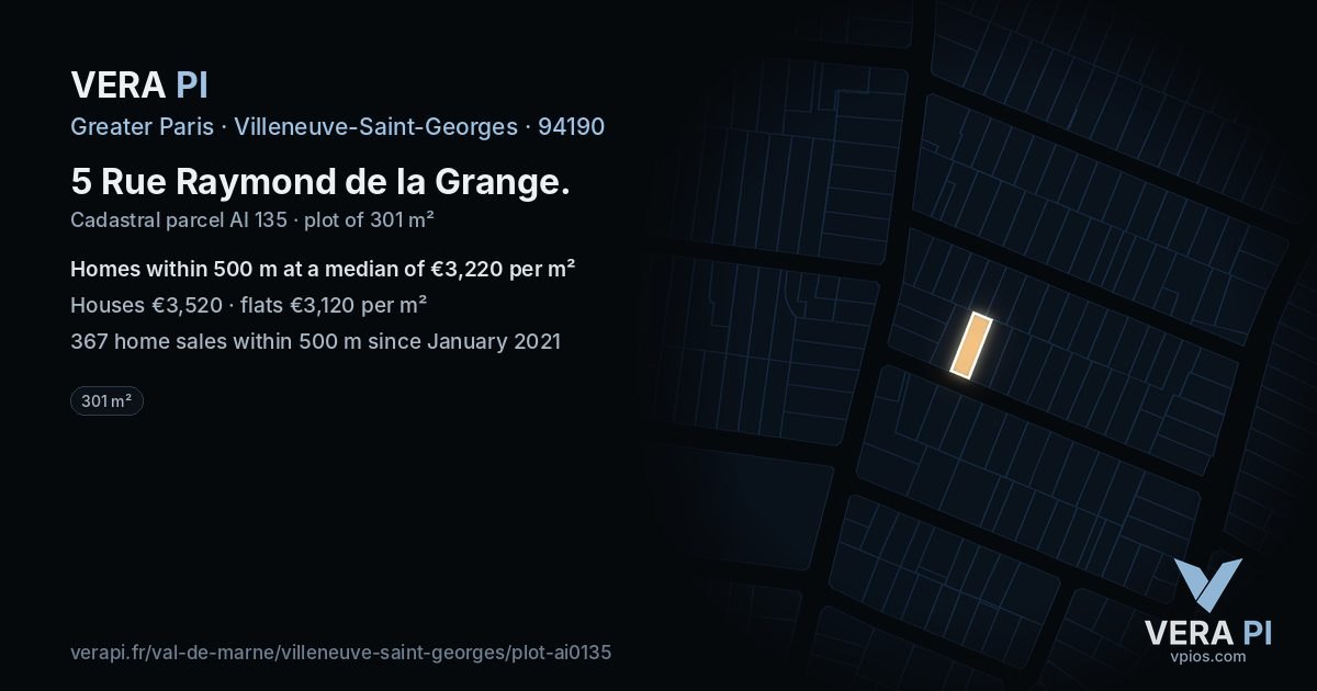 5 Rue Raymond de la Grange, Villeneuve-Saint-Georges at night – the plot lit, the parcels around coloured by the prices near them