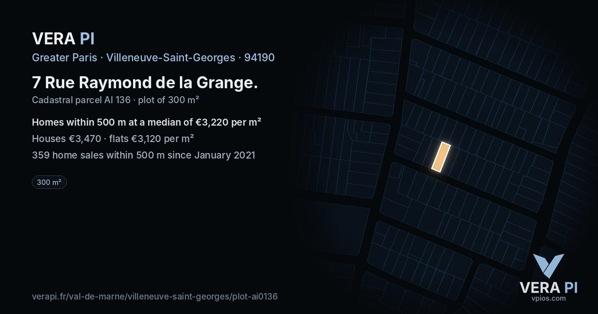 7 Rue Raymond de la Grange, Villeneuve-Saint-Georges at night – the plot lit, the parcels around coloured by the prices near them