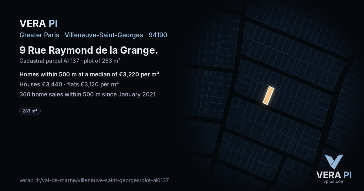 9 Rue Raymond de la Grange, Villeneuve-Saint-Georges at night – the plot lit, the parcels around coloured by the prices near them