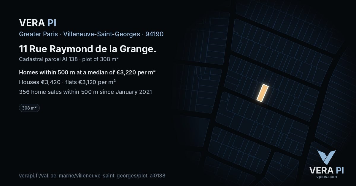 11 Rue Raymond de la Grange, Villeneuve-Saint-Georges at night – the plot lit, the parcels around coloured by the prices near them