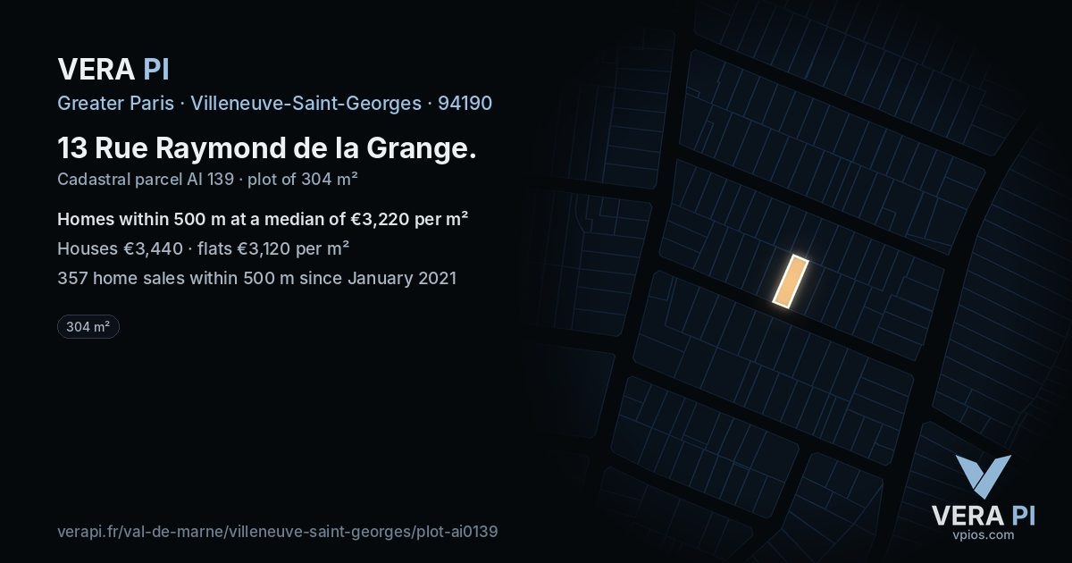 13 Rue Raymond de la Grange, Villeneuve-Saint-Georges at night – the plot lit, the parcels around coloured by the prices near them