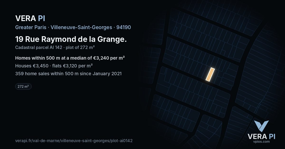 19 Rue Raymond de la Grange, Villeneuve-Saint-Georges at night – the plot lit, the parcels around coloured by the prices near them