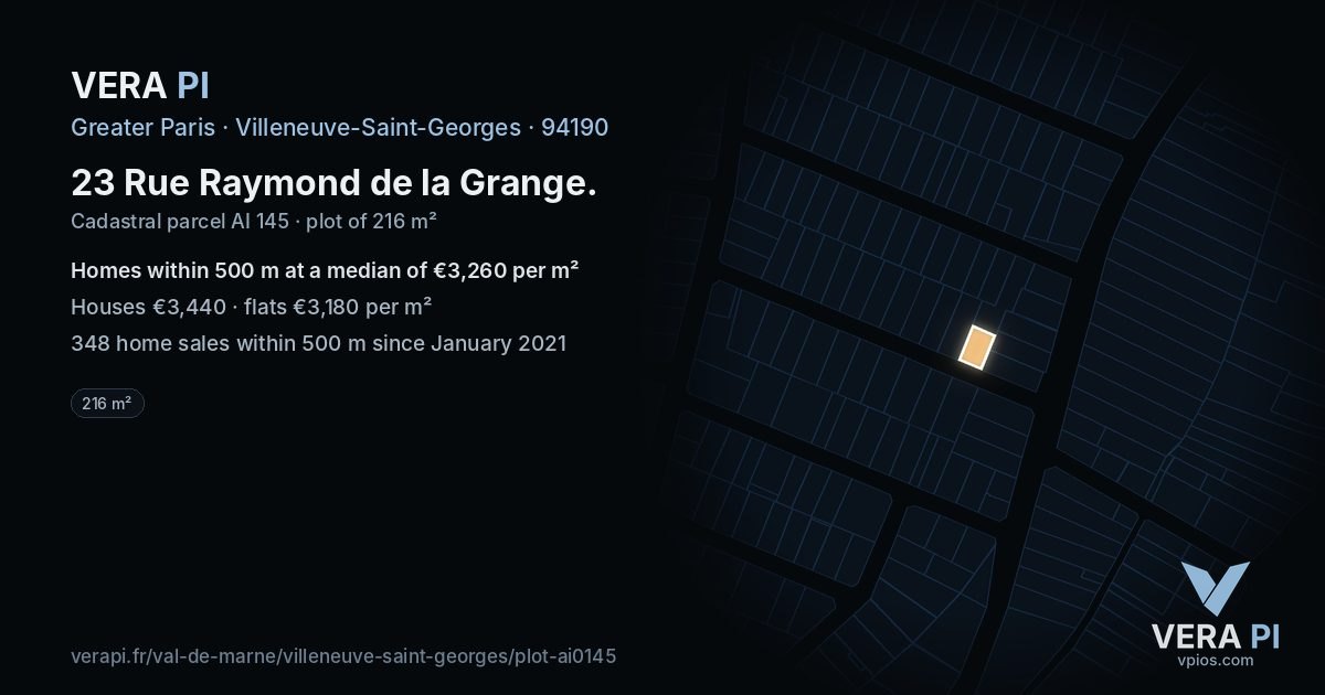 23 Rue Raymond de la Grange, Villeneuve-Saint-Georges at night – the plot lit, the parcels around coloured by the prices near them