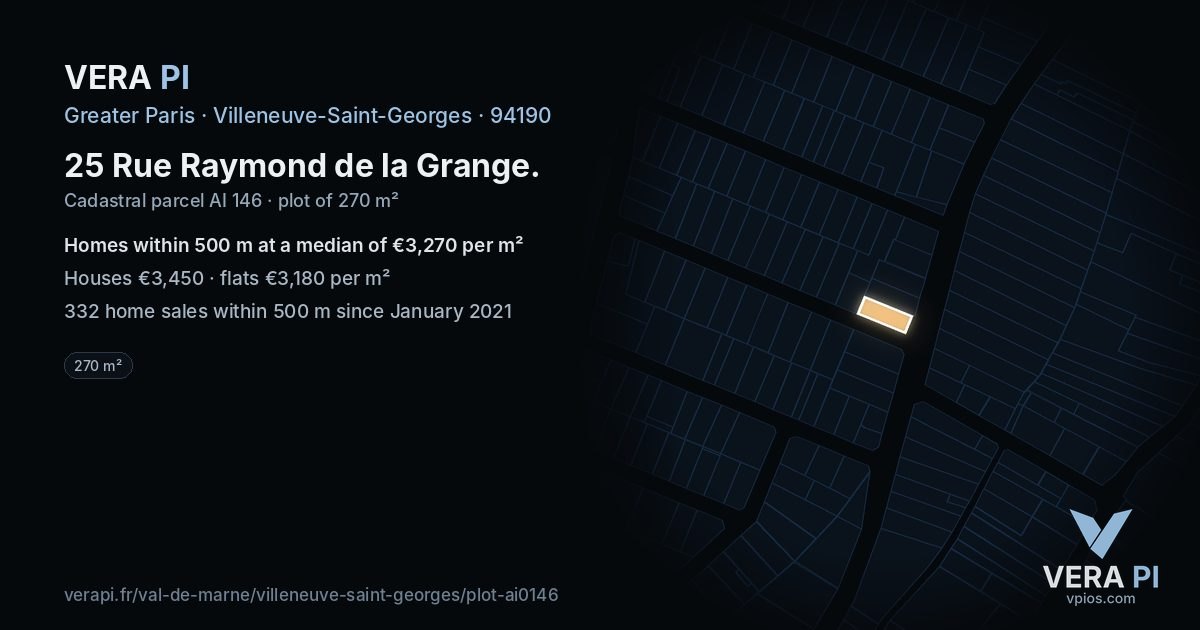 25 Rue Raymond de la Grange, Villeneuve-Saint-Georges at night – the plot lit, the parcels around coloured by the prices near them