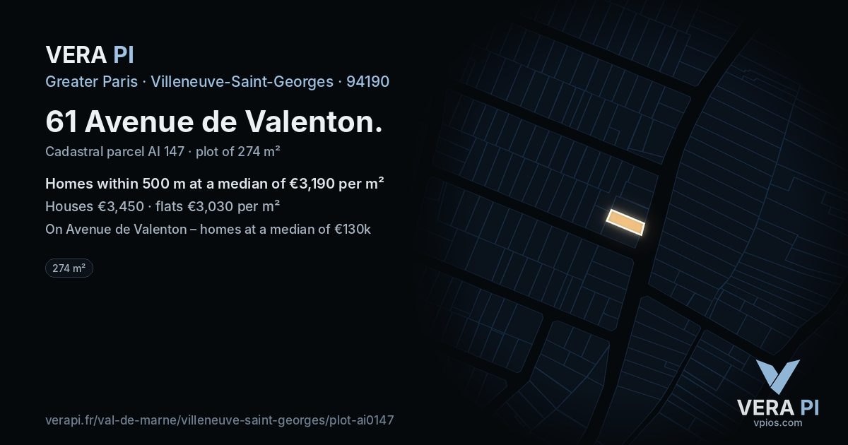 61 Avenue de Valenton, Villeneuve-Saint-Georges at night – the plot lit, the parcels around coloured by the prices near them