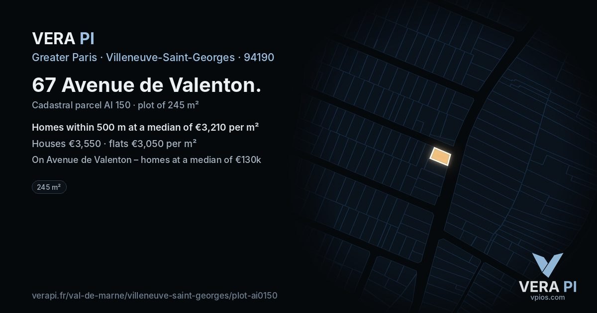 67 Avenue de Valenton, Villeneuve-Saint-Georges at night – the plot lit, the parcels around coloured by the prices near them