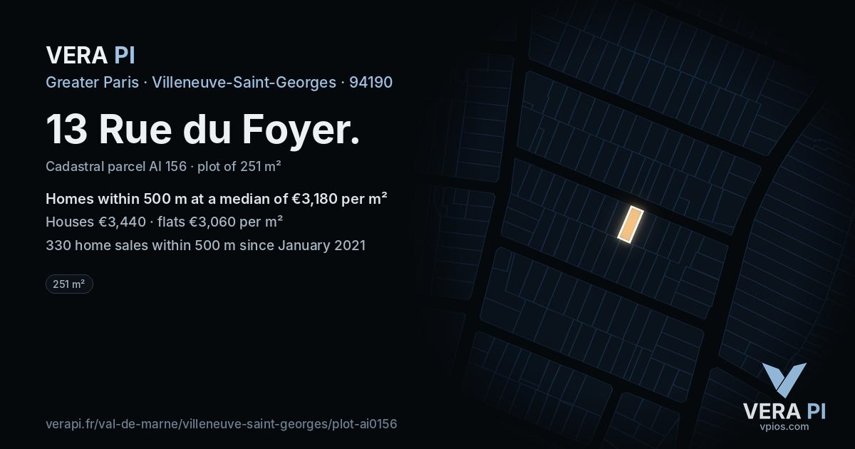 13 Rue du Foyer, Villeneuve-Saint-Georges at night – the plot lit, the parcels around coloured by the prices near them