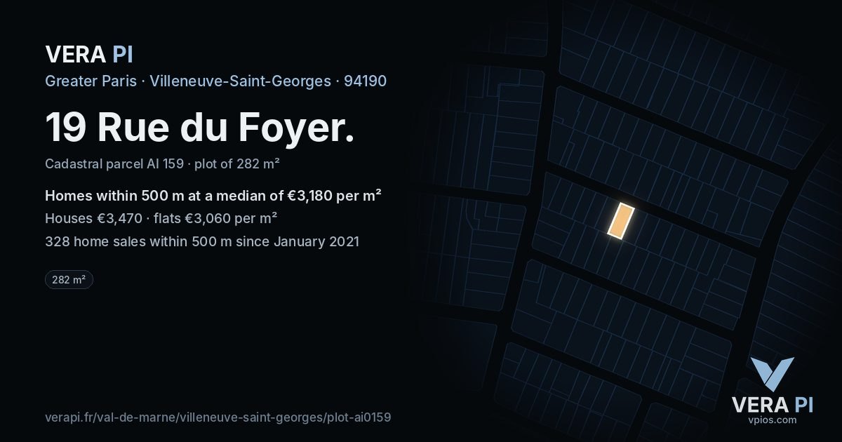 19 Rue du Foyer, Villeneuve-Saint-Georges at night – the plot lit, the parcels around coloured by the prices near them