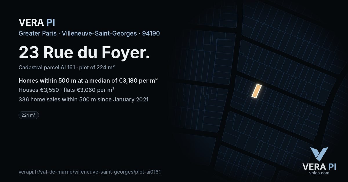 23 Rue du Foyer, Villeneuve-Saint-Georges at night – the plot lit, the parcels around coloured by the prices near them