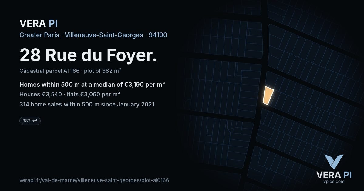 28 Rue du Foyer, Villeneuve-Saint-Georges at night – the plot lit, the parcels around coloured by the prices near them