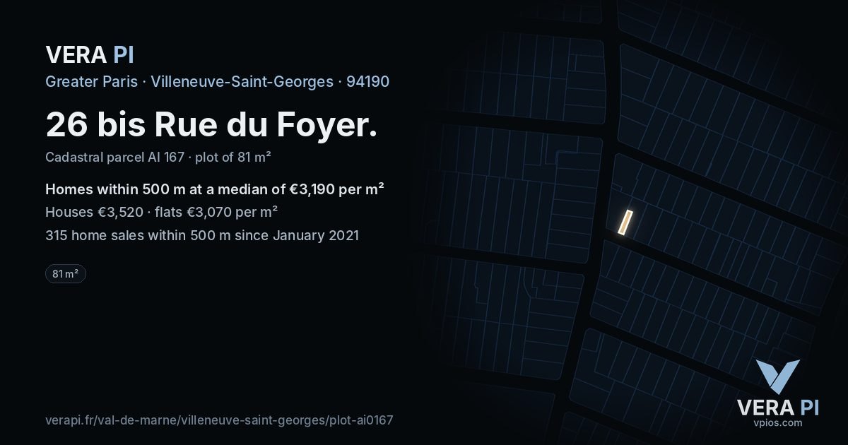 26 bis Rue du Foyer, Villeneuve-Saint-Georges at night – the plot lit, the parcels around coloured by the prices near them