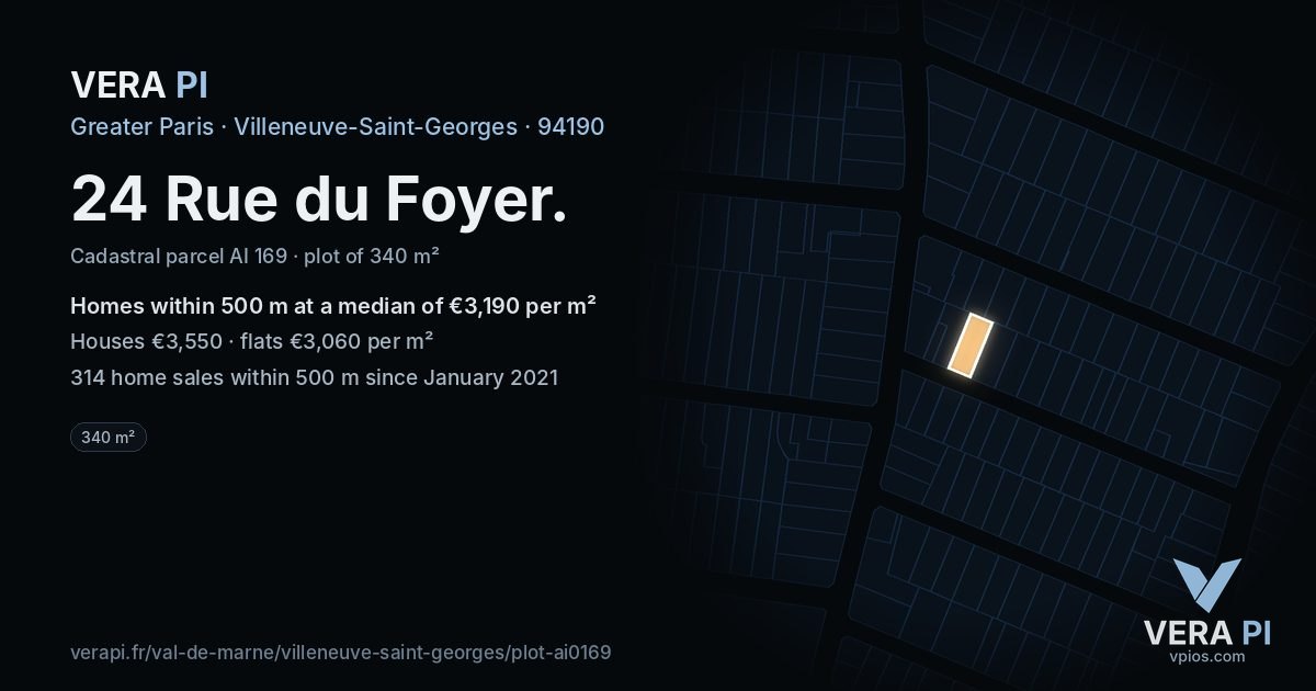24 Rue du Foyer, Villeneuve-Saint-Georges at night – the plot lit, the parcels around coloured by the prices near them