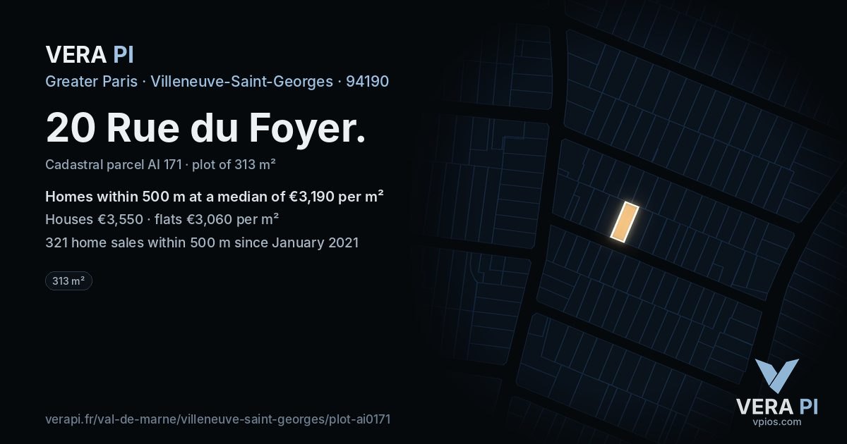 20 Rue du Foyer, Villeneuve-Saint-Georges at night – the plot lit, the parcels around coloured by the prices near them