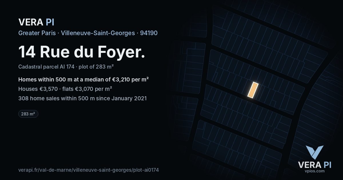 14 Rue du Foyer, Villeneuve-Saint-Georges at night – the plot lit, the parcels around coloured by the prices near them