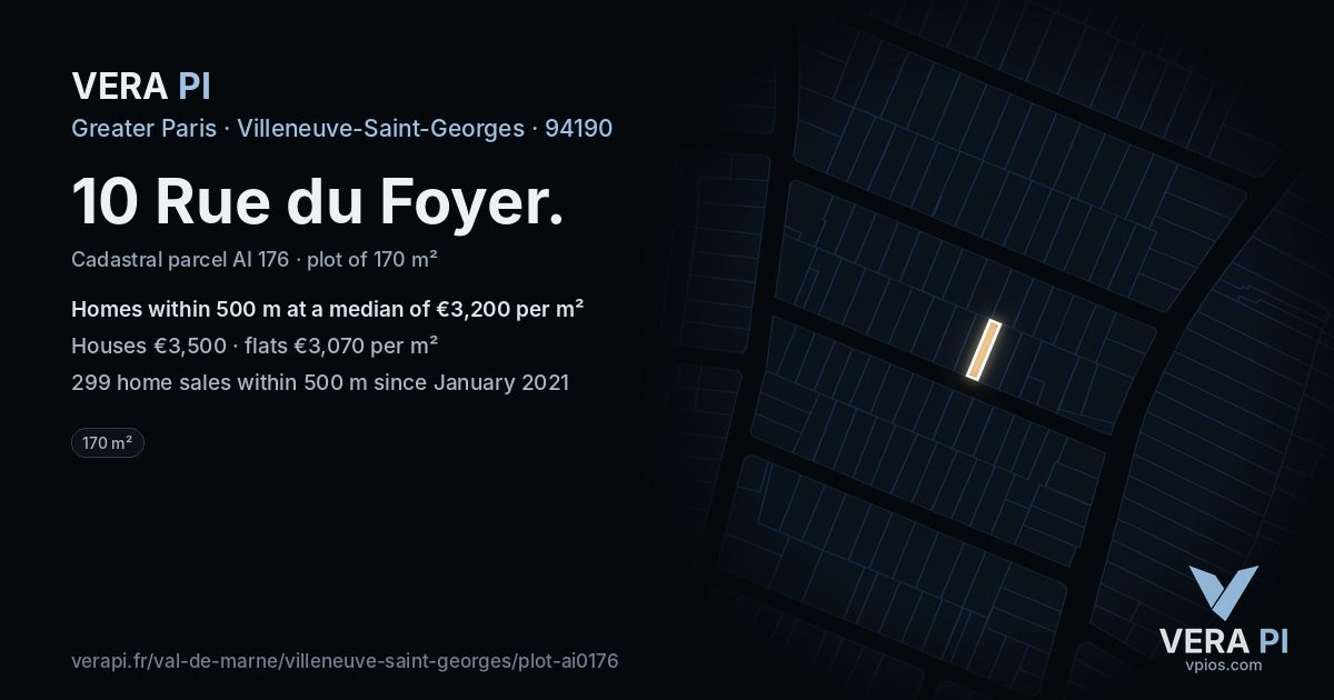 10 Rue du Foyer, Villeneuve-Saint-Georges at night – the plot lit, the parcels around coloured by the prices near them