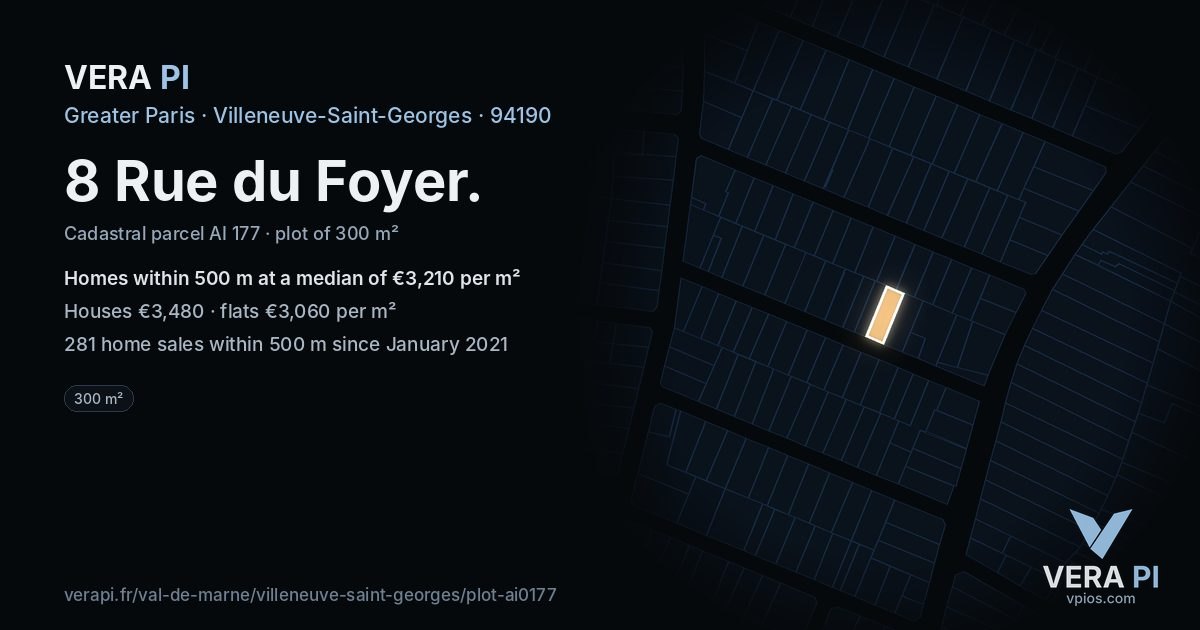 8 Rue du Foyer, Villeneuve-Saint-Georges at night – the plot lit, the parcels around coloured by the prices near them