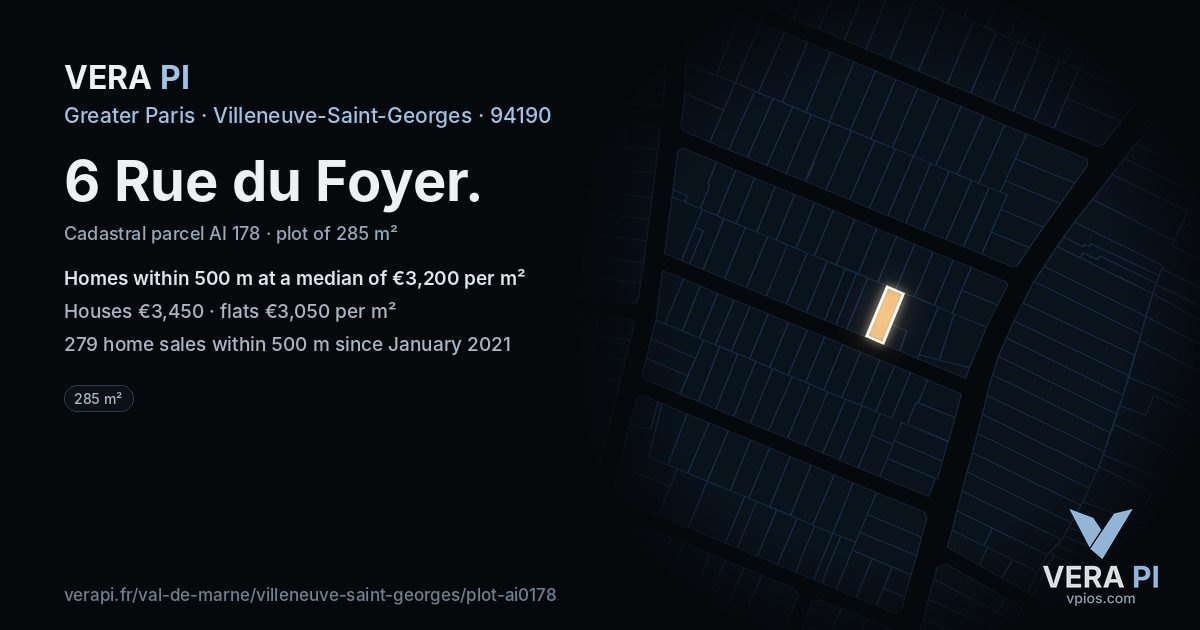 6 Rue du Foyer, Villeneuve-Saint-Georges at night – the plot lit, the parcels around coloured by the prices near them