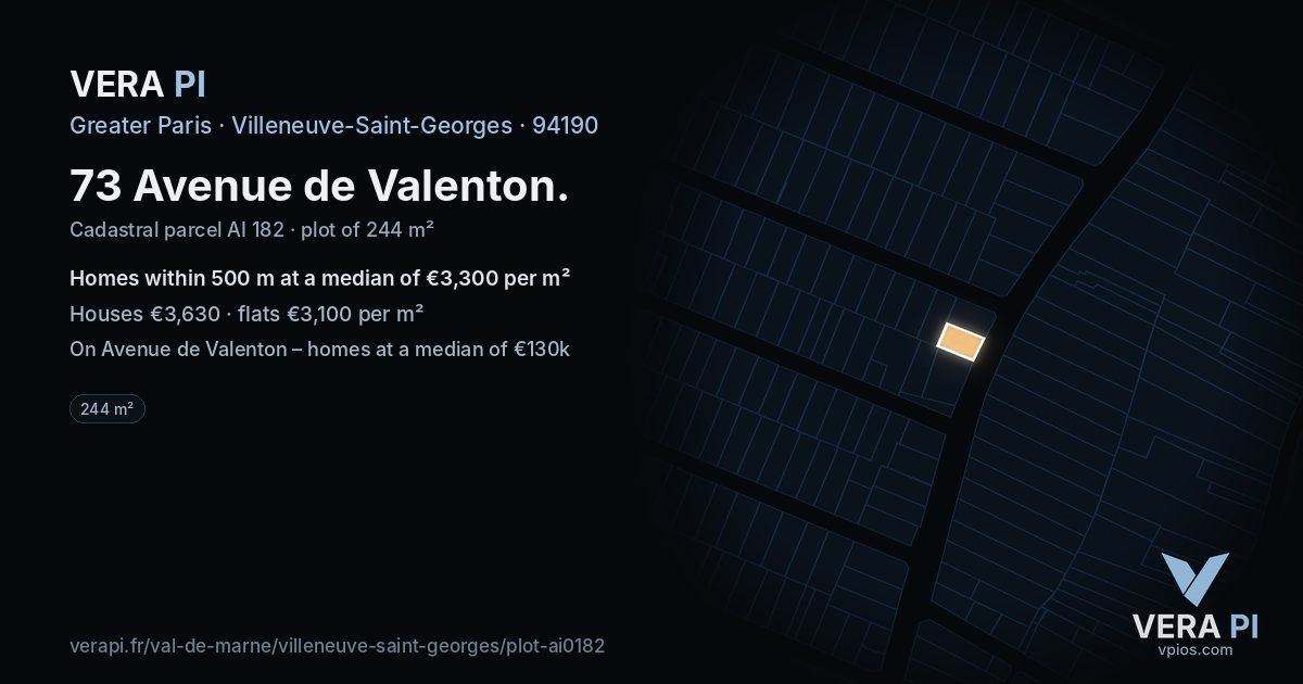 73 Avenue de Valenton, Villeneuve-Saint-Georges at night – the plot lit, the parcels around coloured by the prices near them