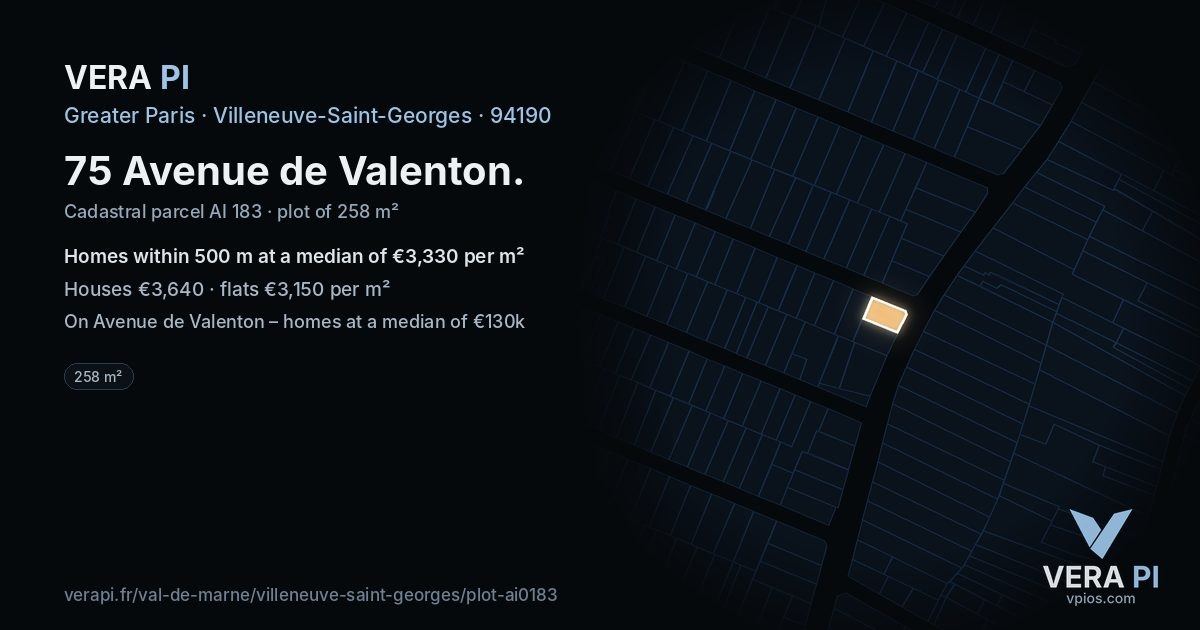 75 Avenue de Valenton, Villeneuve-Saint-Georges at night – the plot lit, the parcels around coloured by the prices near them
