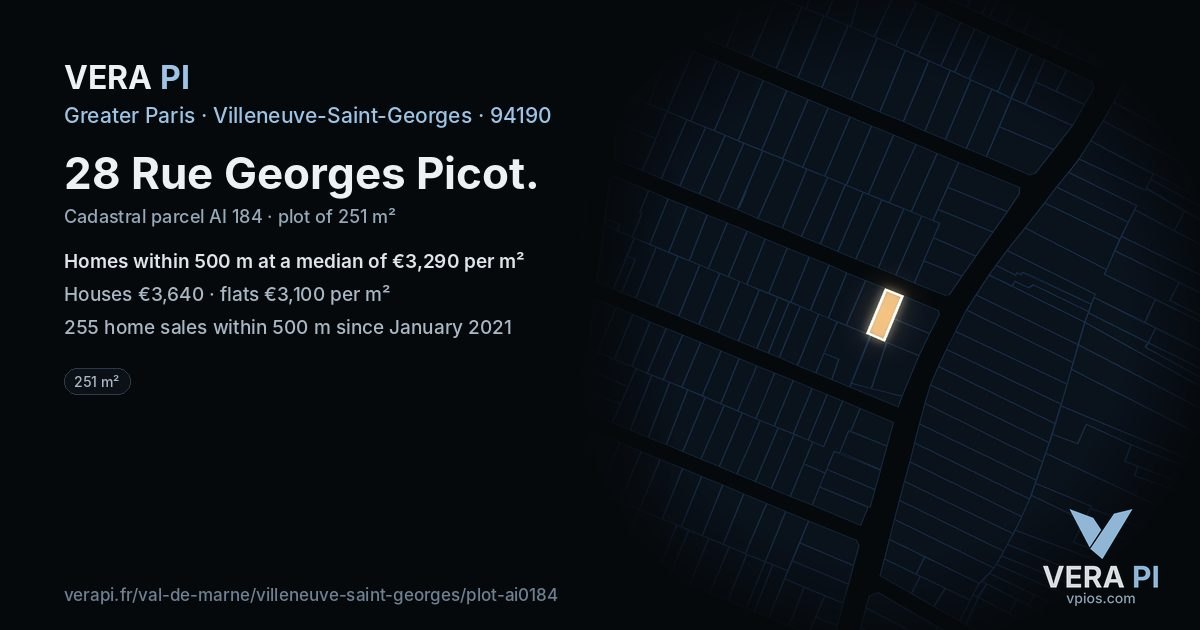 28 Rue Georges Picot, Villeneuve-Saint-Georges at night – the plot lit, the parcels around coloured by the prices near them