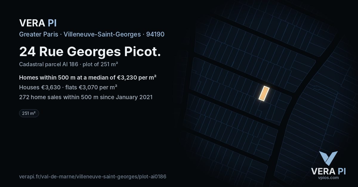 24 Rue Georges Picot, Villeneuve-Saint-Georges at night – the plot lit, the parcels around coloured by the prices near them