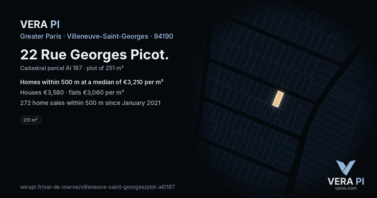 22 Rue Georges Picot, Villeneuve-Saint-Georges at night – the plot lit, the parcels around coloured by the prices near them