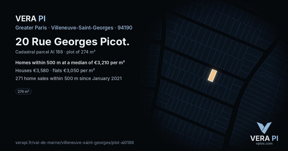 20 Rue Georges Picot, Villeneuve-Saint-Georges at night – the plot lit, the parcels around coloured by the prices near them